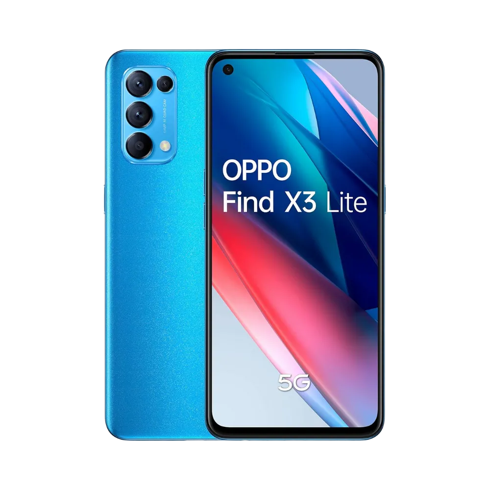 Photo Oppo Find X3 Lite en vue avant avec écran allumé et arrière bleu visible, angle trois quarts. Image optimisée iTelier Lyon pour réparation écran AMOLED, batterie, diagnostic gratuit et pièces garanties.