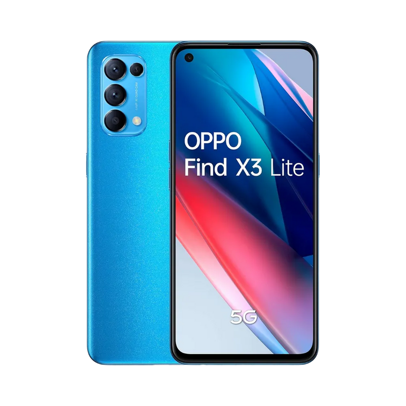Photo Oppo Find X3 Lite en vue avant avec écran allumé et arrière bleu visible, angle trois quarts. Image optimisée iTelier Lyon pour réparation écran AMOLED, batterie, diagnostic gratuit et pièces garanties.