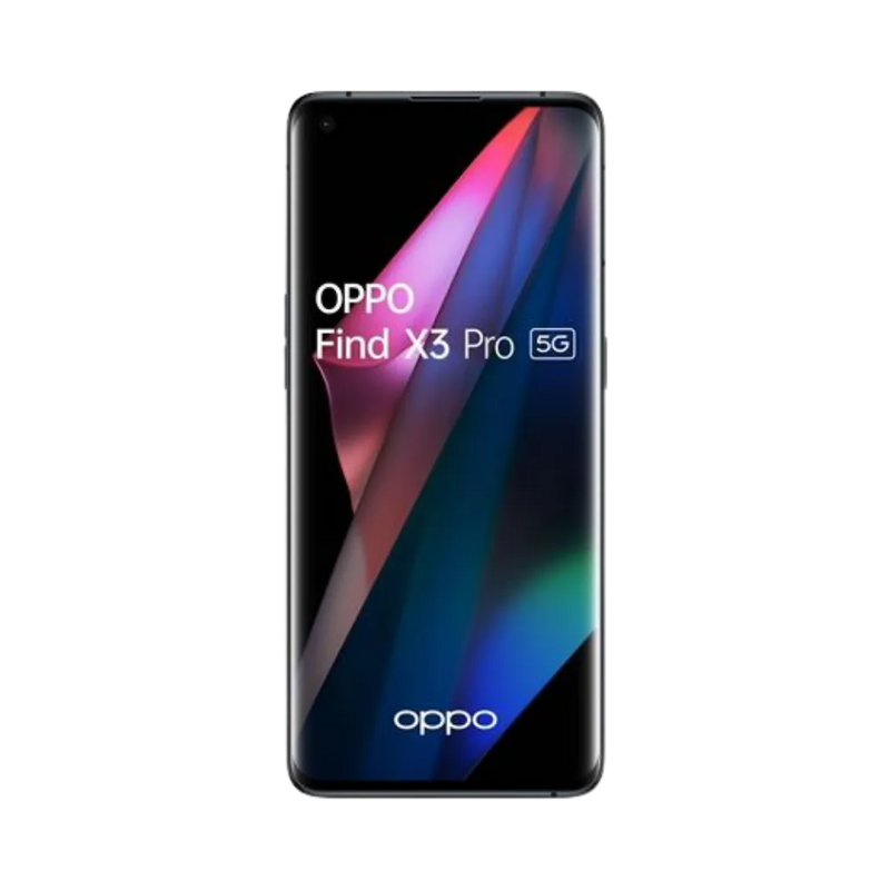 Oppo Find X3 Pro affiché en vue frontale avec écran allumé sur fond dégradé multicolore. Illustration iTelier Lyon pour réparation écran cassé, vitre tactile, diagnostic offert et service rapide garanti.