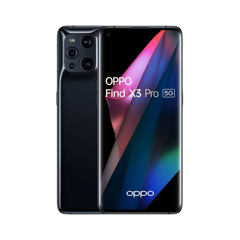 Photo Oppo Find X3 Pro en vue avant avec écran allumé et arrière noir visible, angle trois quarts. Image optimisée iTelier Lyon pour réparation écran AMOLED, batterie, diagnostic gratuit et pièces garanties.