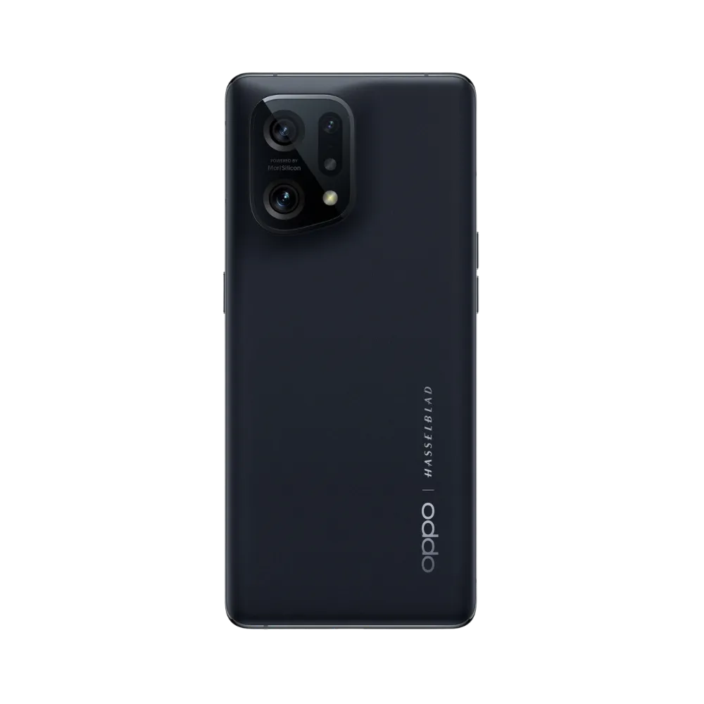 Smartphone Oppo Find X5 en vue arrière couleur noire, module photo rectangulaire légèrement surélevé en haut à gauche. Photo iTelier Lyon pour réparation vitre arrière, batterie et diagnostic gratuit.