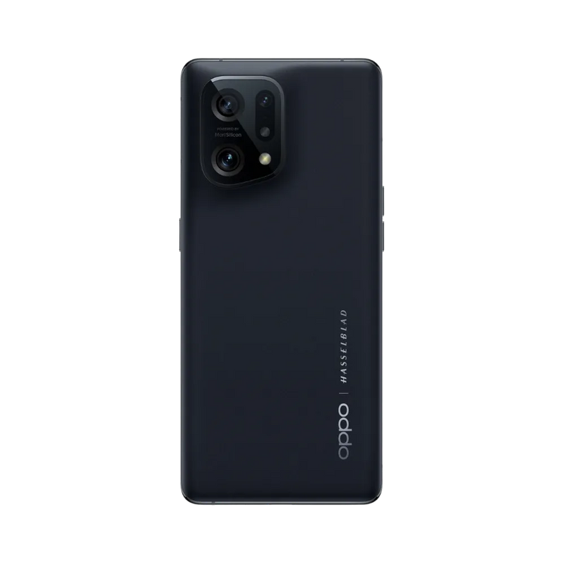 Smartphone Oppo Find X5 en vue arrière couleur noire, module photo rectangulaire légèrement surélevé en haut à gauche. Photo iTelier Lyon pour réparation vitre arrière, batterie et diagnostic gratuit.