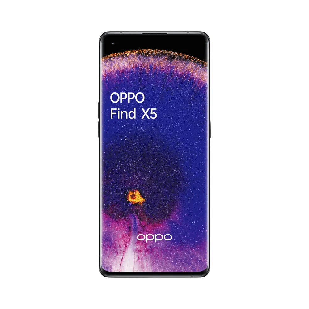 Oppo Find X5 affiché en vue frontale avec écran allumé sur fond violet et orange. Illustration iTelier Lyon pour réparation écran cassé, vitre tactile, diagnostic offert et service rapide garanti.