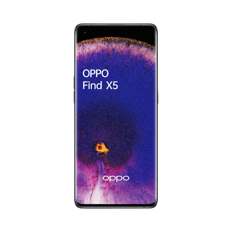 Oppo Find X5 affiché en vue frontale avec écran allumé sur fond violet et orange. Illustration iTelier Lyon pour réparation écran cassé, vitre tactile, diagnostic offert et service rapide garanti.