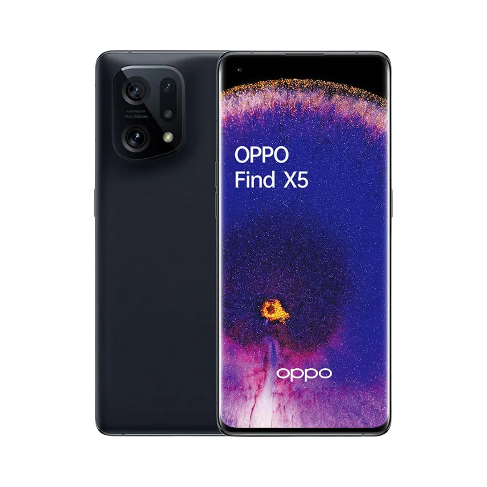 Photo Oppo Find X5 en vue avant avec écran allumé et arrière noir visible, angle trois quarts. Image optimisée iTelier Lyon pour réparation écran AMOLED, batterie, diagnostic gratuit et pièces garanties.