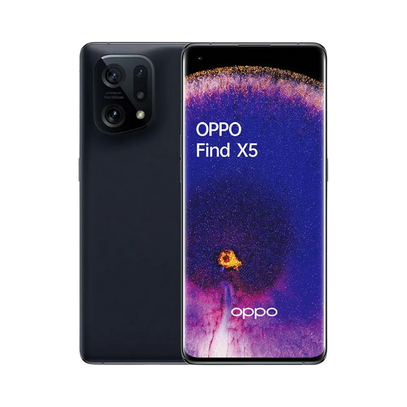 Photo Oppo Find X5 en vue avant avec écran allumé et arrière noir visible, angle trois quarts. Image optimisée iTelier Lyon pour réparation écran AMOLED, batterie, diagnostic gratuit et pièces garanties.
