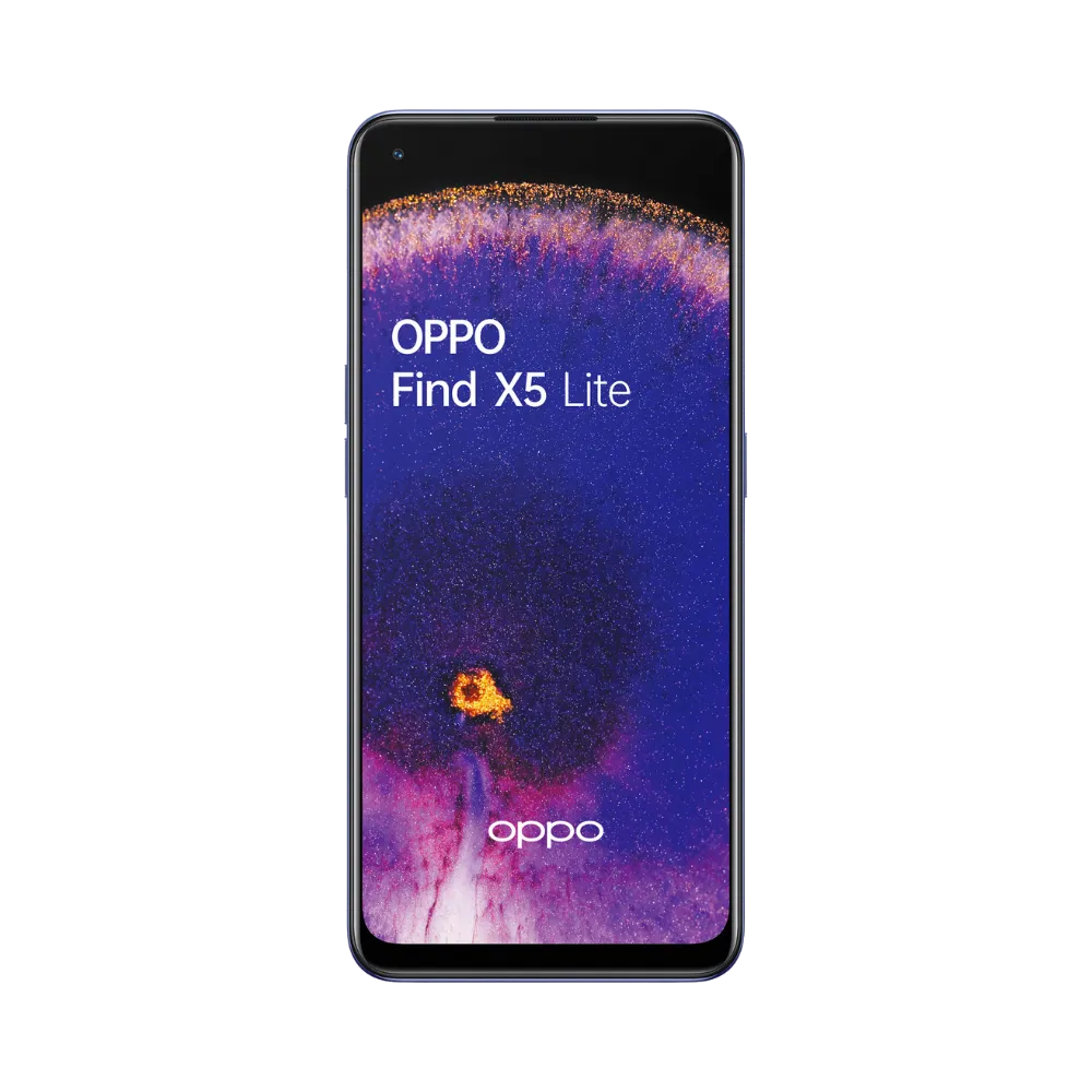 Oppo Find X5 Lite affiché en vue frontale avec écran allumé sur fond violet et orange. Illustration iTelier Lyon pour réparation écran cassé, vitre tactile, diagnostic offert et service rapide garanti.