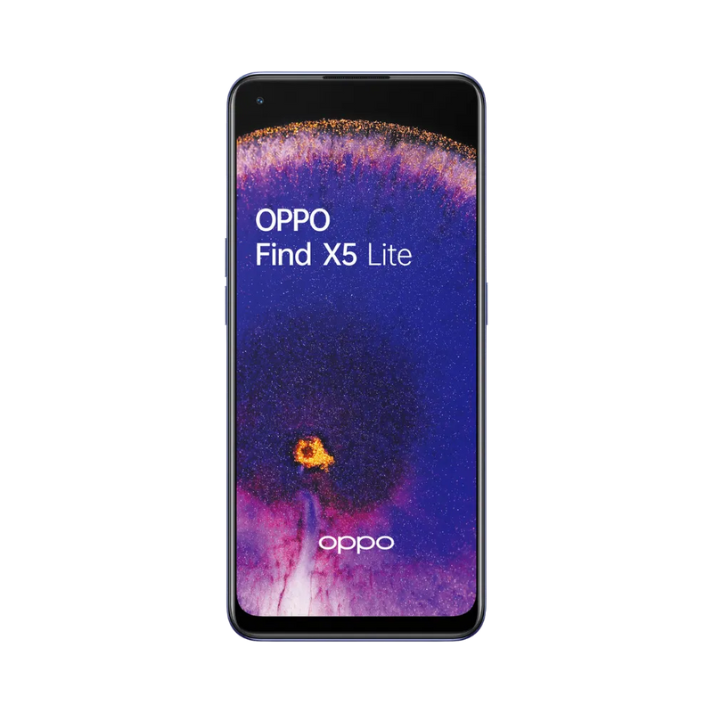 Oppo Find X5 Lite affiché en vue frontale avec écran allumé sur fond violet et orange. Illustration iTelier Lyon pour réparation écran cassé, vitre tactile, diagnostic offert et service rapide garanti.