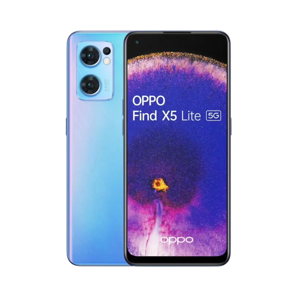 Photo Oppo Find X5 Lite en vue avant avec écran allumé et arrière bleu dégradé visible, angle trois quarts. Image optimisée iTelier Lyon pour réparation écran AMOLED, batterie, diagnostic gratuit et pièces garanties.