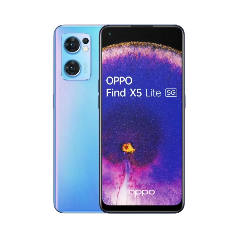 Photo Oppo Find X5 Lite en vue avant avec écran allumé et arrière bleu dégradé visible, angle trois quarts. Image optimisée iTelier Lyon pour réparation écran AMOLED, batterie, diagnostic gratuit et pièces garanties.