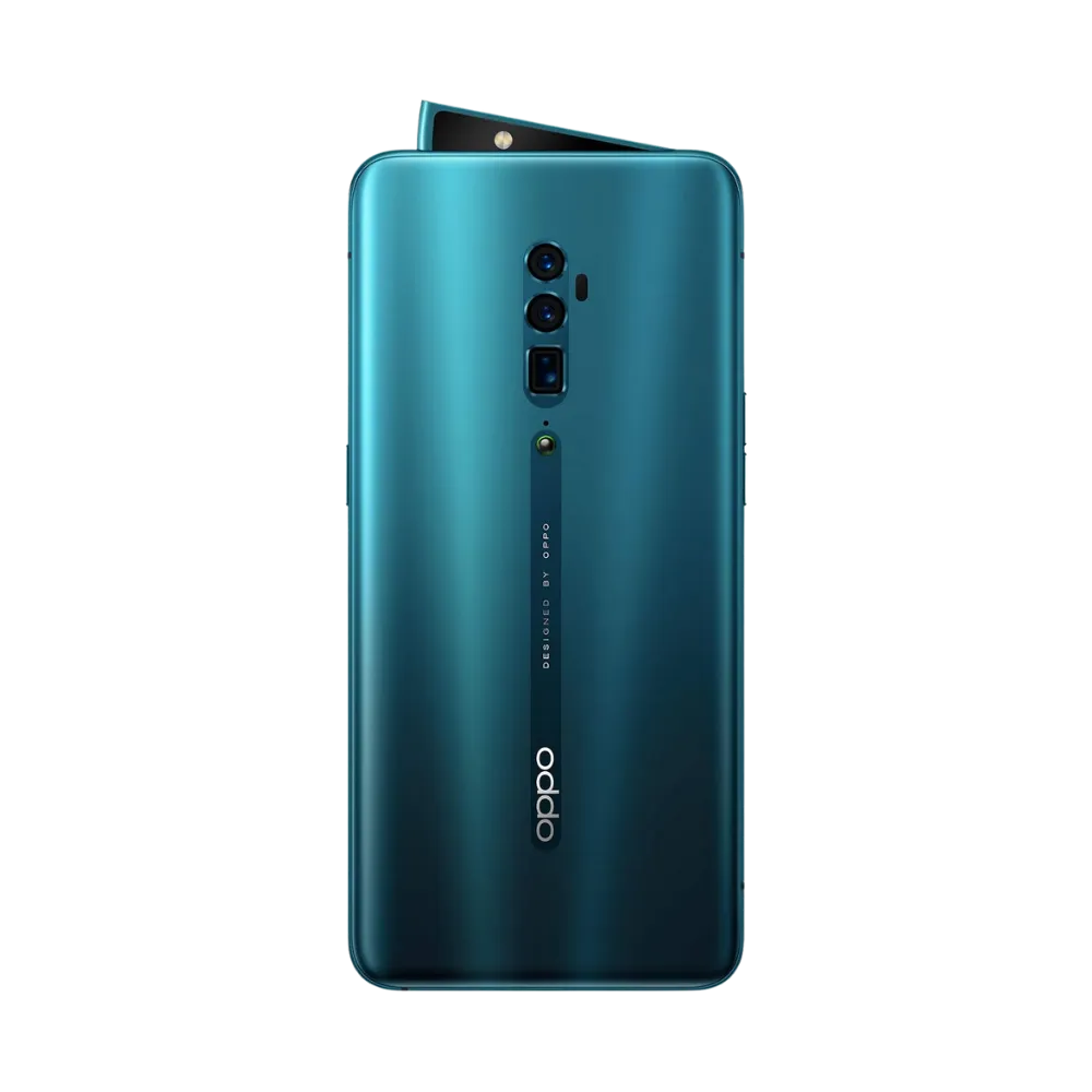 Smartphone Oppo Reno 10X Zoom en vue arrière bleu-vert, triple module photo vertical centré. Photo iTelier Lyon pour réparation vitre arrière, batterie et diagnostic gratuit avec garantie.