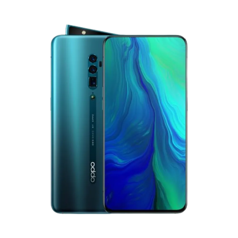 Photo Oppo Reno 10X Zoom en vue avant avec écran allumé et arrière bleu-vert visible, angle trois quarts. Image optimisée iTelier Lyon pour réparation écran AMOLED, batterie, diagnostic gratuit et pièces garanties.