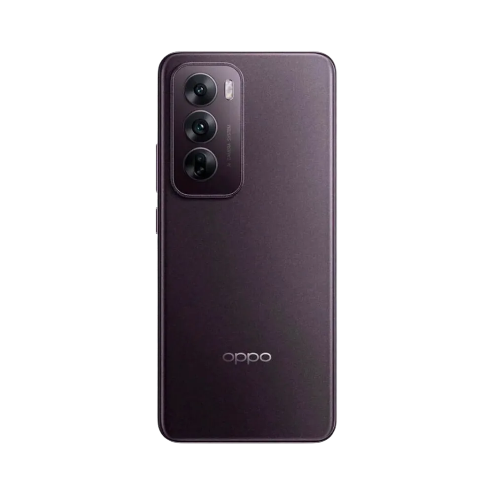 Smartphone Oppo Reno 12 5G en vue arrière couleur violet foncé, triple module photo vertical en haut à gauche. Photo iTelier Lyon pour réparation vitre arrière, batterie et diagnostic gratuit avec garantie.