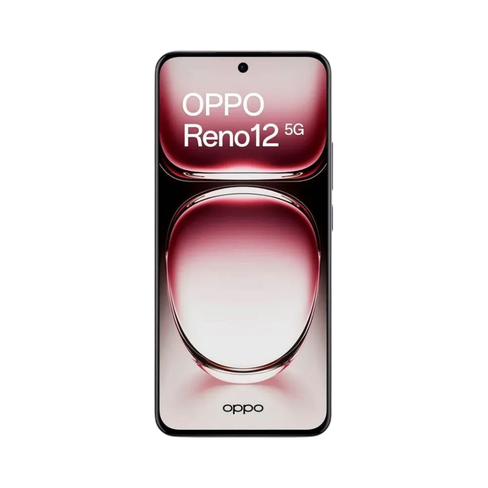 Oppo Reno 12 5G affiché en vue frontale avec écran allumé sur fond rouge et argent. Illustration iTelier Lyon pour réparation écran cassé, vitre tactile, diagnostic offert et service rapide garanti.