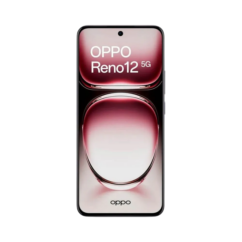 Oppo Reno 12 5G affiché en vue frontale avec écran allumé sur fond rouge et argent. Illustration iTelier Lyon pour réparation écran cassé, vitre tactile, diagnostic offert et service rapide garanti.