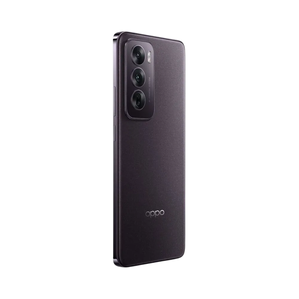 Oppo Reno 12 5G présenté de profil violet foncé, finesse du châssis et boutons latéraux visibles. Image optimisée iTelier Lyon pour réparation boutons, connecteur et diagnostic gratuit.