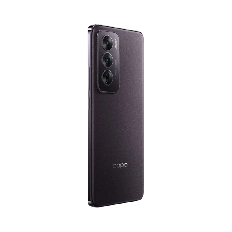 Oppo Reno 12 5G présenté de profil violet foncé, finesse du châssis et boutons latéraux visibles. Image optimisée iTelier Lyon pour réparation boutons, connecteur et diagnostic gratuit.