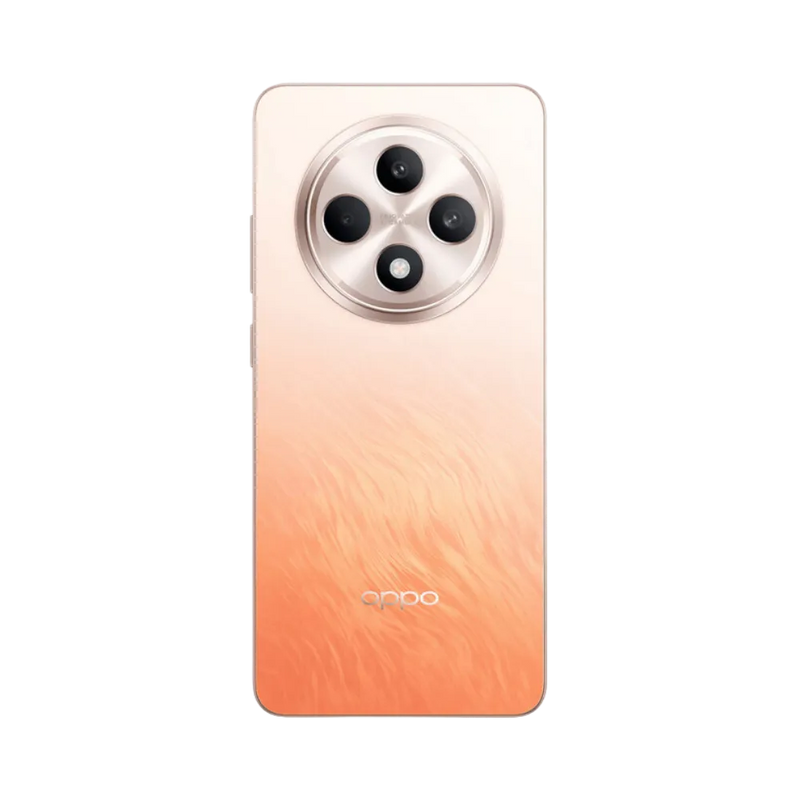 Smartphone Oppo Reno 12 FS 5G en vue arrière couleur orange dégradé clair, triple module photo circulaire centré en haut. Photo iTelier Lyon pour réparation vitre arrière, batterie et diagnostic gratuit.