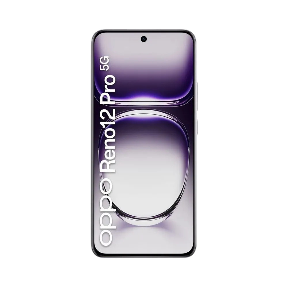 Oppo Reno 12 Pro affiché en vue frontale avec écran allumé sur fond violet et argent. Illustration iTelier Lyon pour réparation écran cassé, vitre tactile, diagnostic offert et service rapide garanti.