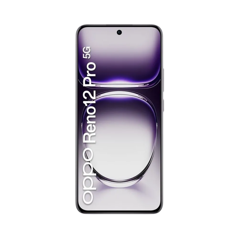 Oppo Reno 12 Pro affiché en vue frontale avec écran allumé sur fond violet et argent. Illustration iTelier Lyon pour réparation écran cassé, vitre tactile, diagnostic offert et service rapide garanti.