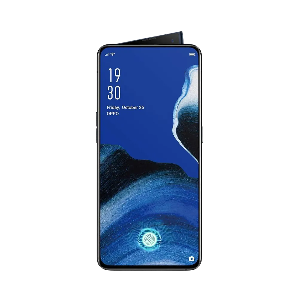 Oppo Reno 2 affiché en vue frontale avec écran allumé bleu et caméra frontale pop-up sortie en haut. Illustration iTelier Lyon pour réparation écran cassé, vitre tactile, diagnostic offert et service rapide garanti.