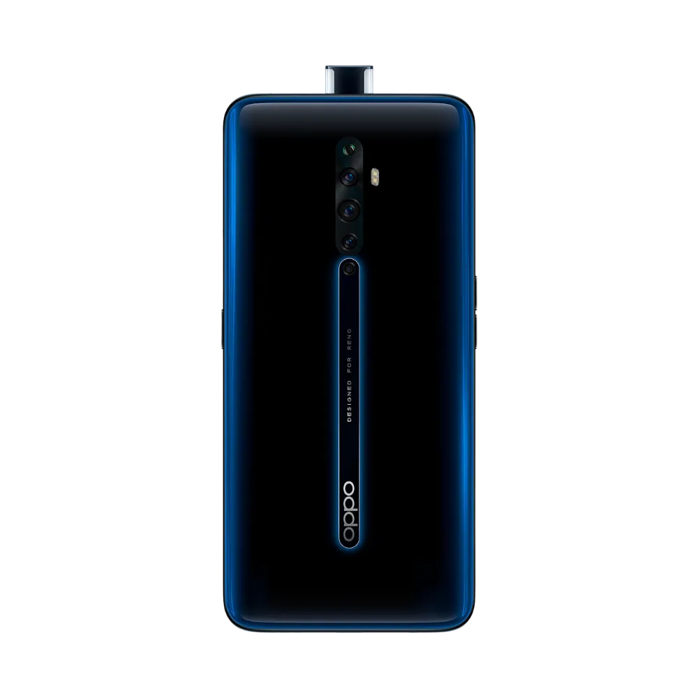 Smartphone Oppo Reno 2Z en vue arrière couleur noir bleuté, quadruple module photo centré verticalement avec flash. Photo iTelier Lyon pour réparation vitre arrière, batterie et diagnostic gratuit avec garantie.