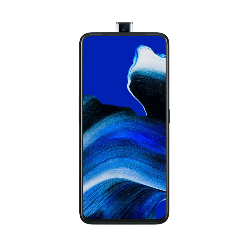 Oppo Reno 2Z affiché en vue frontale avec écran allumé bleu et caméra frontale pop-up sortie en haut. Illustration iTelier Lyon pour réparation écran cassé, vitre tactile, diagnostic offert et service rapide garanti.