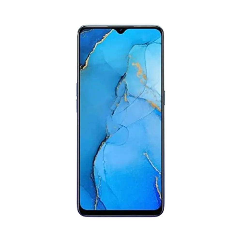 Oppo Reno 3 5G affiché en vue frontale avec écran allumé sur fond bleu clair marbré de lignes dorées. Illustration iTelier Lyon pour réparation écran cassé, vitre tactile, diagnostic offert et service rapide garanti.