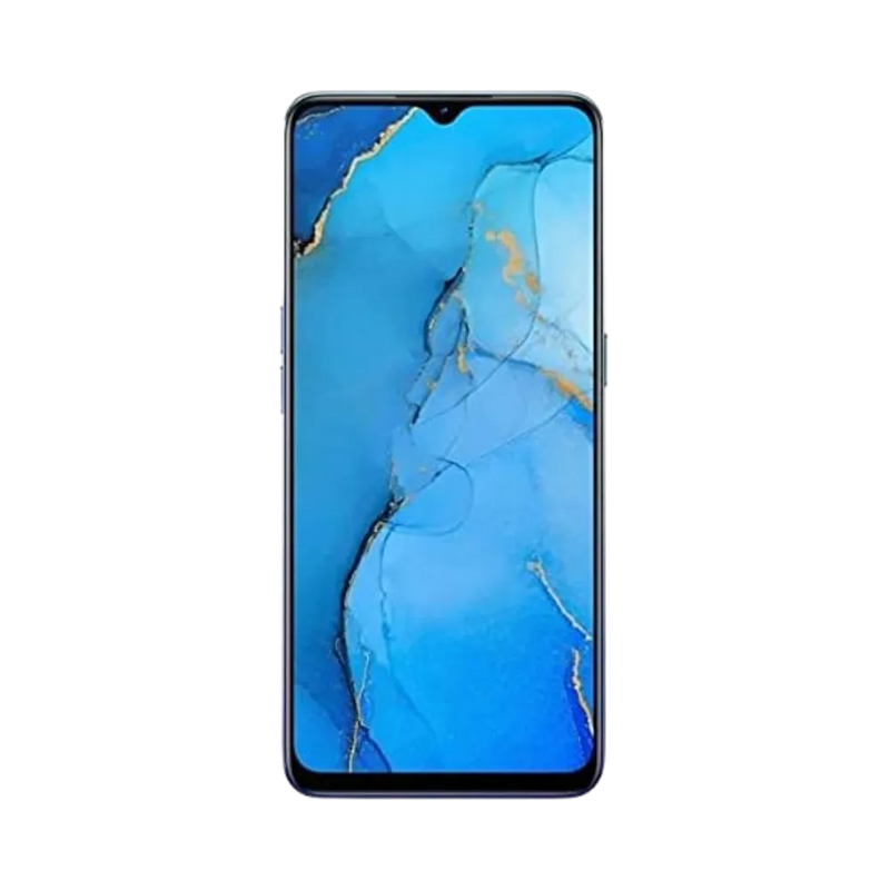 Oppo Reno 3 5G affiché en vue frontale avec écran allumé sur fond bleu clair marbré de lignes dorées. Illustration iTelier Lyon pour réparation écran cassé, vitre tactile, diagnostic offert et service rapide garanti.