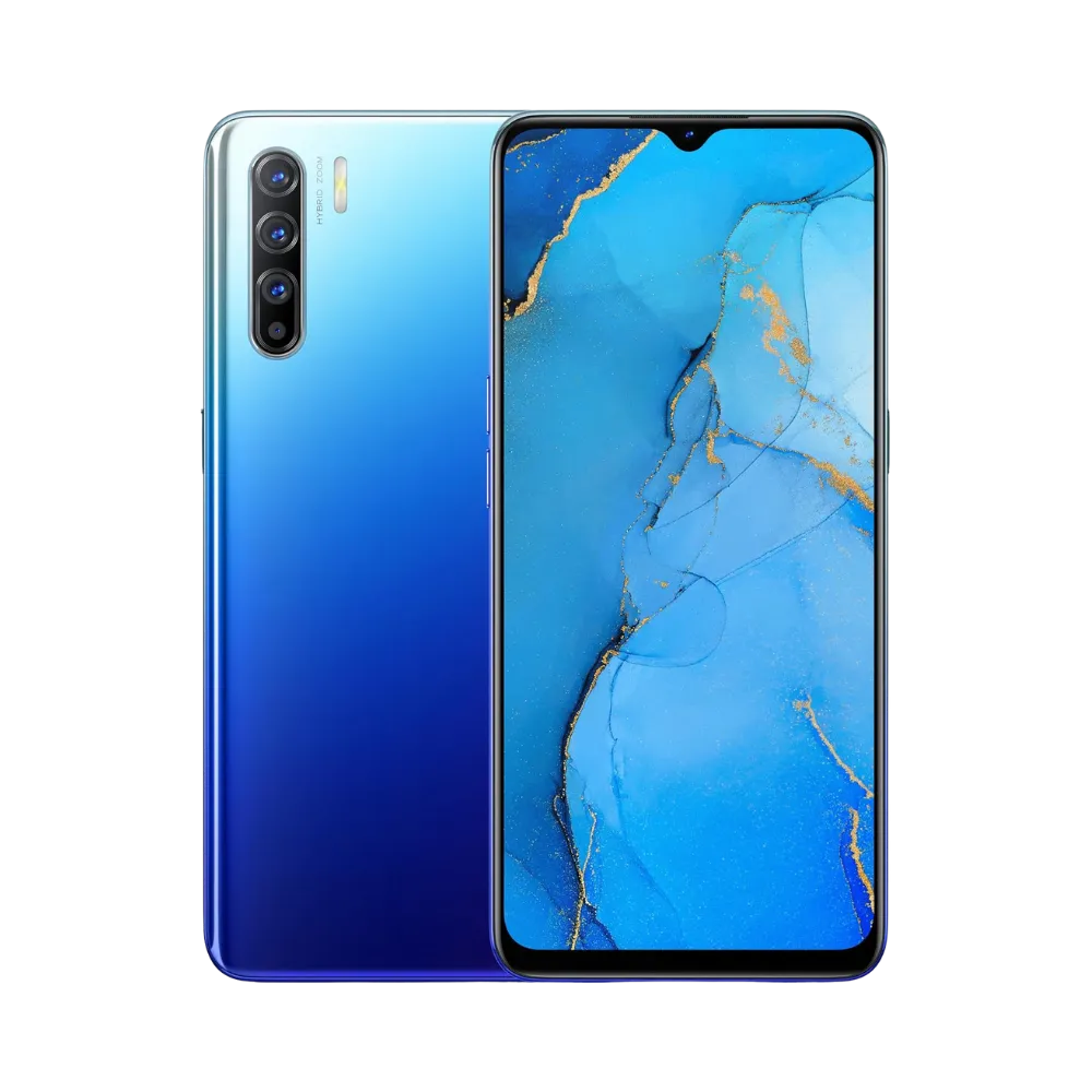 Photo Oppo Reno 3 5G en vue avant avec écran allumé et arrière bleu dégradé visible, angle trois quarts. Image optimisée iTelier Lyon pour réparation écran AMOLED, batterie, diagnostic gratuit et pièces garanties.
