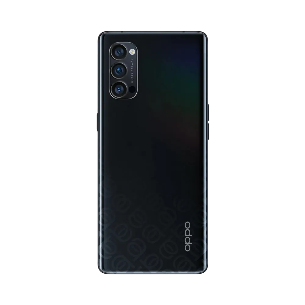 Smartphone Oppo Reno 4 Pro 5G en vue arrière couleur noire, triple module photo vertical en haut à gauche. Photo iTelier Lyon pour réparation vitre arrière, batterie et diagnostic gratuit avec garantie.