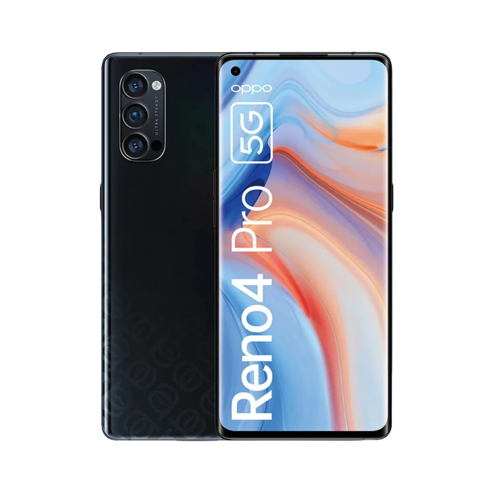 Photo Oppo Reno 4 Pro 5G en vue avant avec écran allumé et arrière noir visible, angle trois quarts. Image optimisée iTelier Lyon pour réparation écran AMOLED, batterie, diagnostic gratuit et pièces garanties.