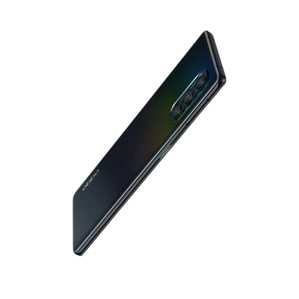 Oppo Reno 4 Pro 5G montré en vue inclinée, mettant en valeur la finesse du design et la surface d’écran incurvée. Photo optimisée iTelier Lyon pour réparation écran, châssis et diagnostic gratuit.