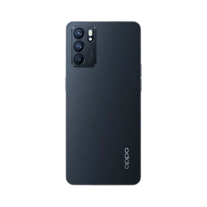 Smartphone Oppo Reno 6 5G en vue arrière couleur noire, triple module photo vertical en haut à gauche. Photo iTelier Lyon pour réparation vitre arrière, batterie et diagnostic gratuit avec garantie.