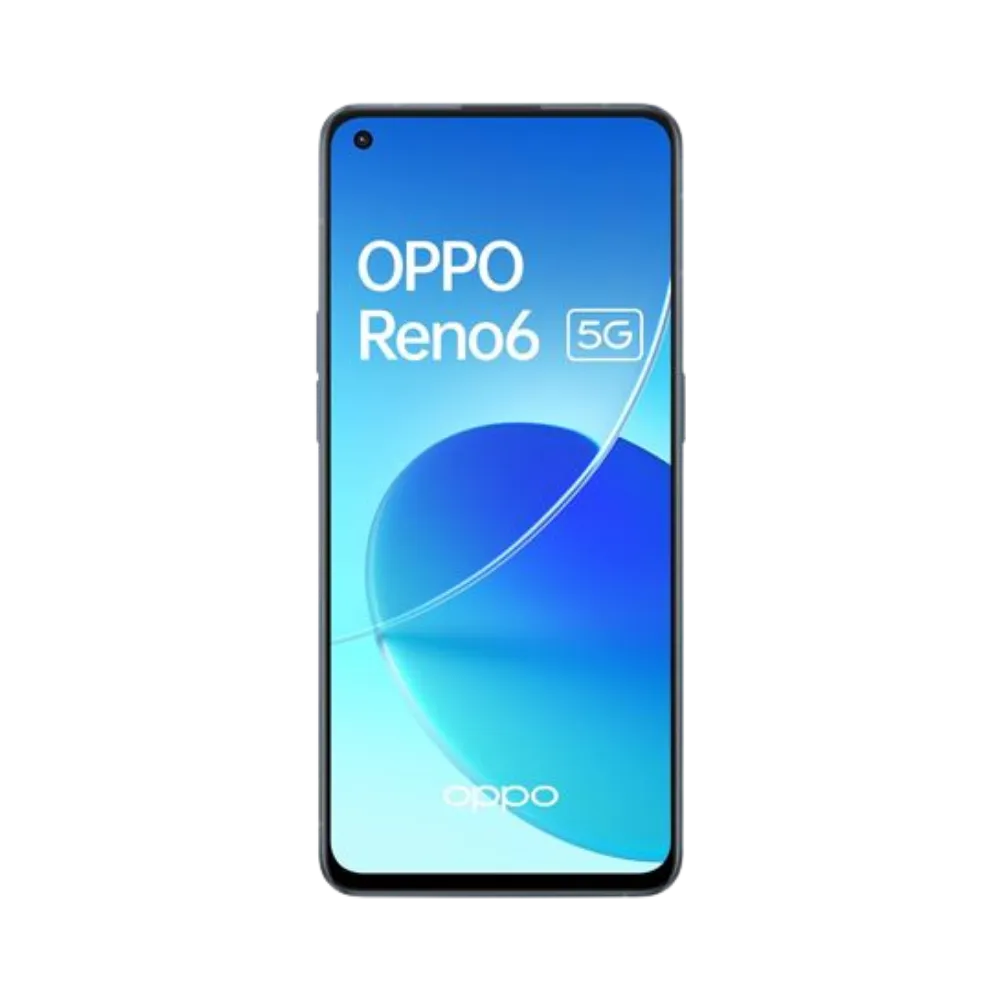 Oppo Reno 6 5G affiché en vue frontale avec écran allumé sur fond bleu dégradé lumineux. Illustration iTelier Lyon pour réparation écran cassé, vitre tactile, diagnostic offert et service rapide garanti.
