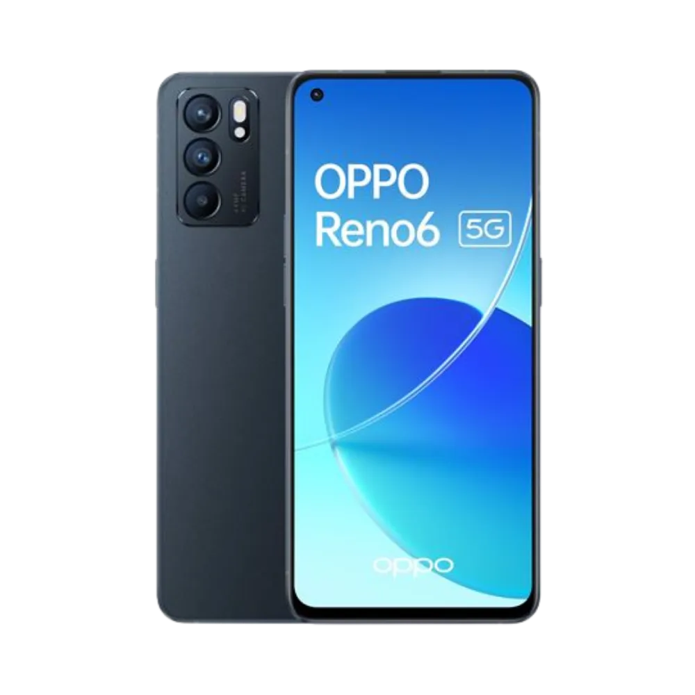 Photo Oppo Reno 6 5G en vue avant avec écran allumé et arrière noir visible, angle trois quarts. Image optimisée iTelier Lyon pour réparation écran AMOLED, batterie, diagnostic gratuit et pièces garanties.