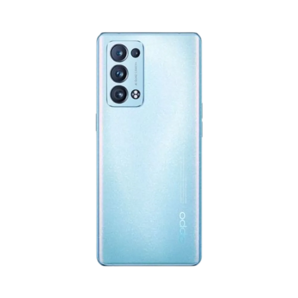 Smartphone Oppo Reno 6 Pro 5G en vue arrière couleur bleu clair, quadruple module photo vertical en haut à gauche. Photo iTelier Lyon pour réparation vitre arrière, batterie et diagnostic gratuit avec garantie.