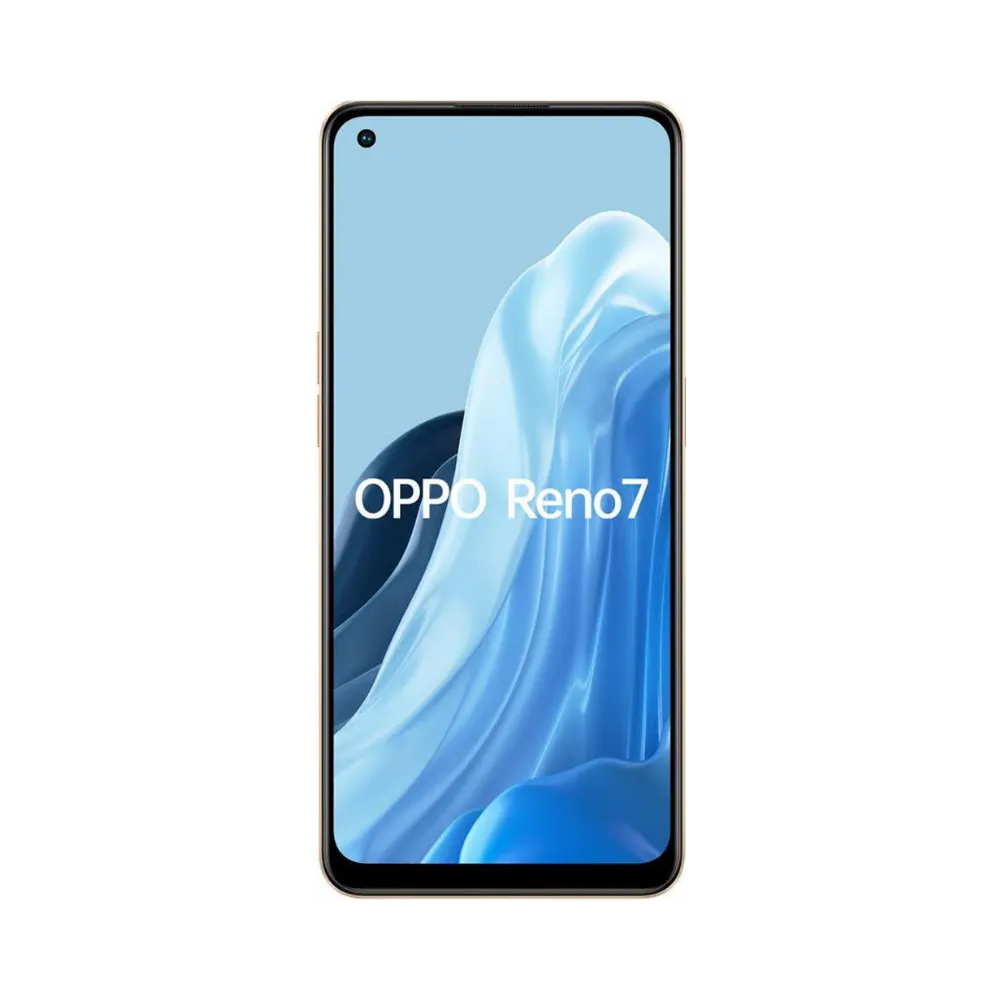 Oppo Reno 7 4G affiché en vue frontale avec écran allumé sur fond bleu océan stylisé. Illustration iTelier Lyon pour réparation écran cassé, vitre tactile, diagnostic offert et service rapide garanti.