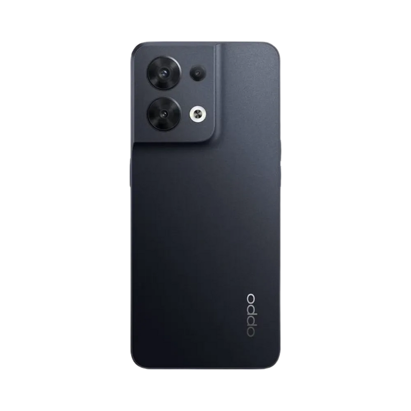 Smartphone Oppo Reno 8 5G en vue arrière couleur noire, double module photo circulaire et flash alignés en haut à gauche. Photo iTelier Lyon pour réparation vitre arrière, batterie et diagnostic gratuit avec garantie.