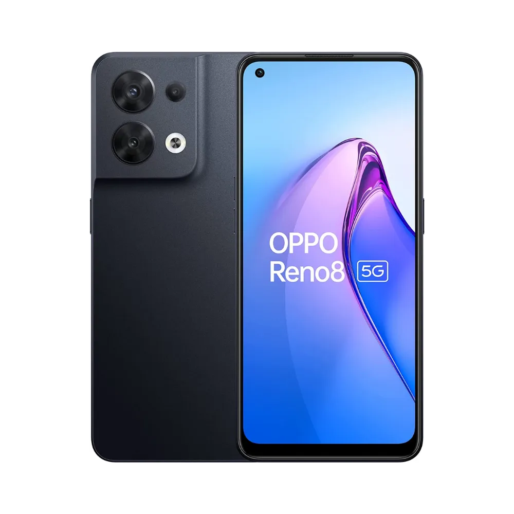 Photo Oppo Reno 8 5G en vue avant avec écran allumé et arrière noir visible, angle trois quarts. Image optimisée iTelier Lyon pour réparation écran AMOLED, batterie, diagnostic gratuit et pièces garanties.