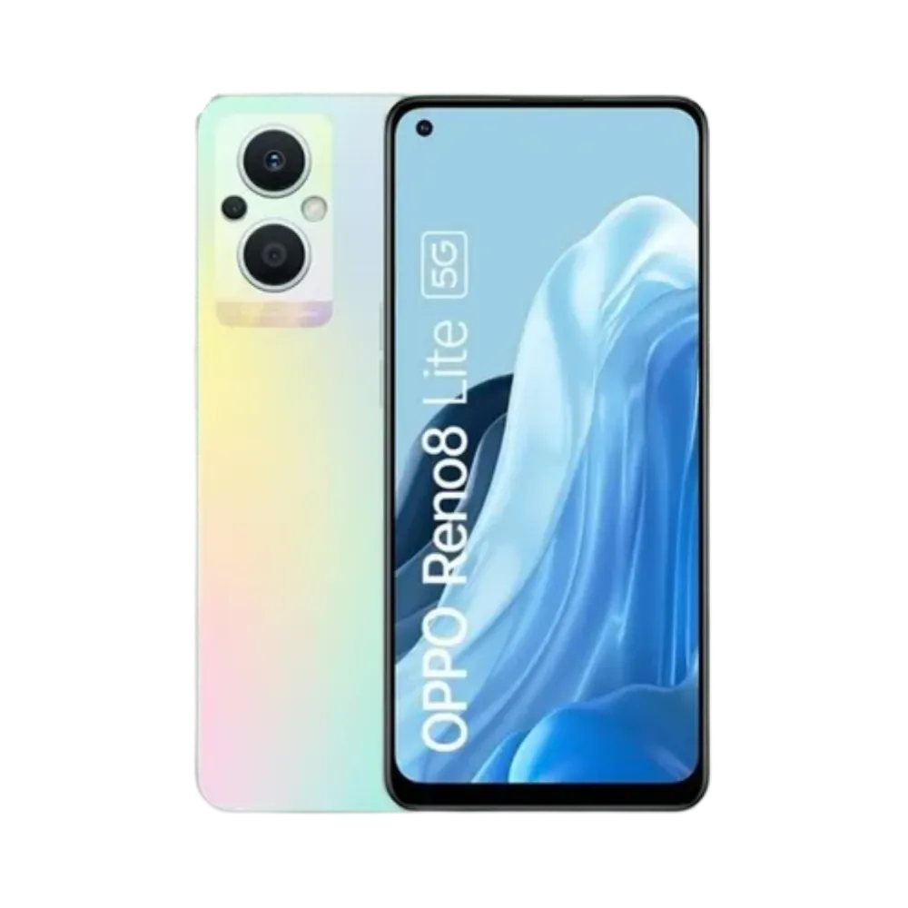 Photo Oppo Reno 8 Lite 5G en vue avant avec écran allumé et arrière dégradé nacré visible, angle trois quarts. Image optimisée iTelier Lyon pour réparation écran AMOLED, batterie, diagnostic gratuit et pièces garanties.