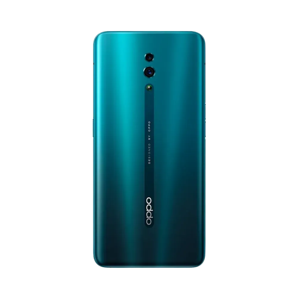 Smartphone Oppo Reno en vue arrière couleur bleu-vert, double module photo centré verticalement. Photo iTelier Lyon pour réparation vitre arrière, batterie et diagnostic gratuit avec garantie.