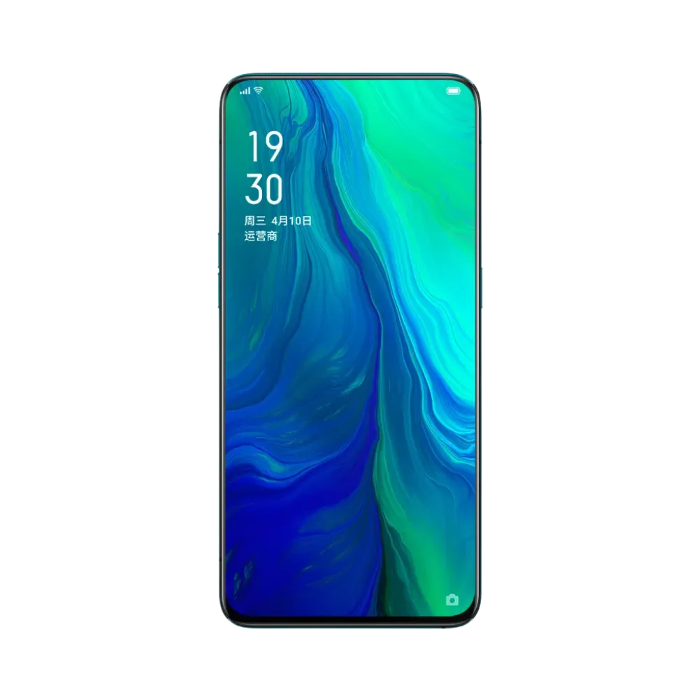 Oppo Reno affiché en vue frontale avec écran allumé sur fond dégradé bleu et vert. Illustration iTelier Lyon pour réparation écran cassé, vitre tactile, diagnostic offert et service rapide garanti.