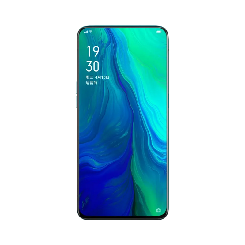 Oppo Reno affiché en vue frontale avec écran allumé sur fond dégradé bleu et vert. Illustration iTelier Lyon pour réparation écran cassé, vitre tactile, diagnostic offert et service rapide garanti.