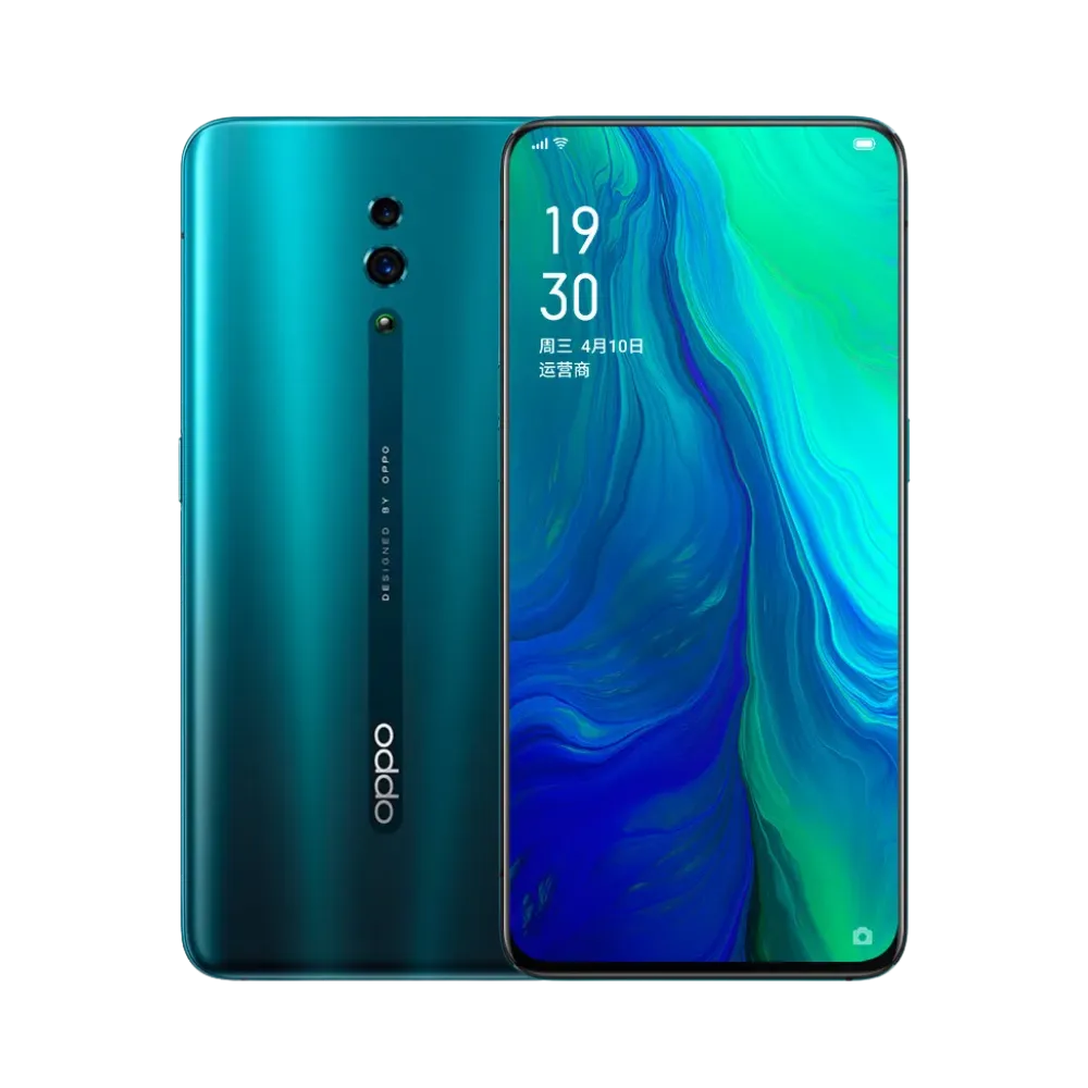 Photo Oppo Reno en vue avant avec écran allumé et arrière bleu-vert visible, angle trois quarts. Image optimisée iTelier Lyon pour réparation écran AMOLED, batterie, diagnostic gratuit et pièces garanties.
