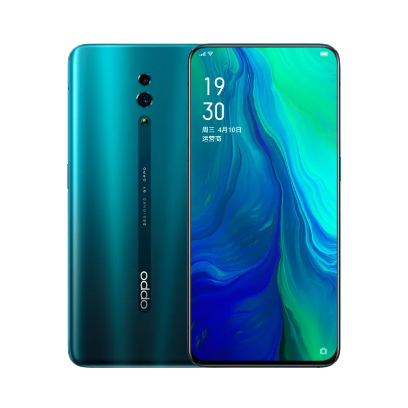 Photo Oppo Reno en vue avant avec écran allumé et arrière bleu-vert visible, angle trois quarts. Image optimisée iTelier Lyon pour réparation écran AMOLED, batterie, diagnostic gratuit et pièces garanties.