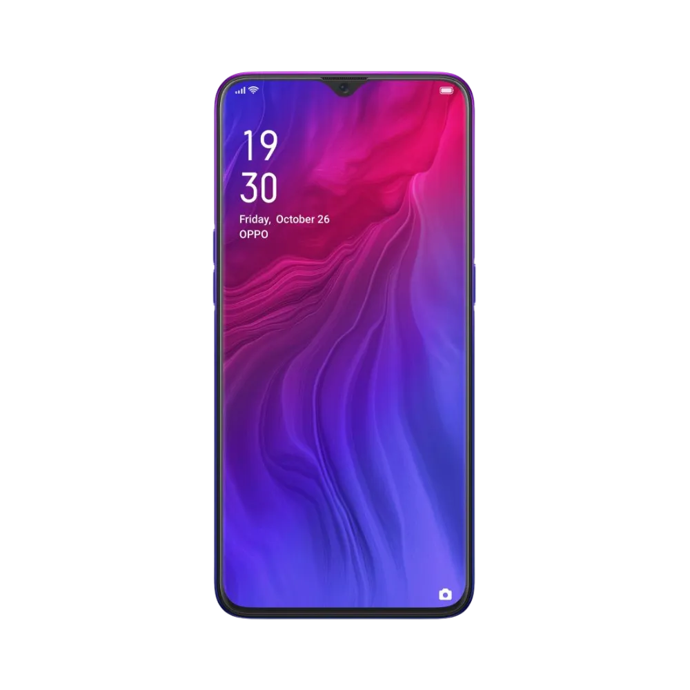 Oppo Reno Z affiché en vue frontale avec écran allumé sur fond violet et rouge dégradé. Illustration iTelier Lyon pour réparation écran cassé, vitre tactile, diagnostic offert et service rapide garanti.