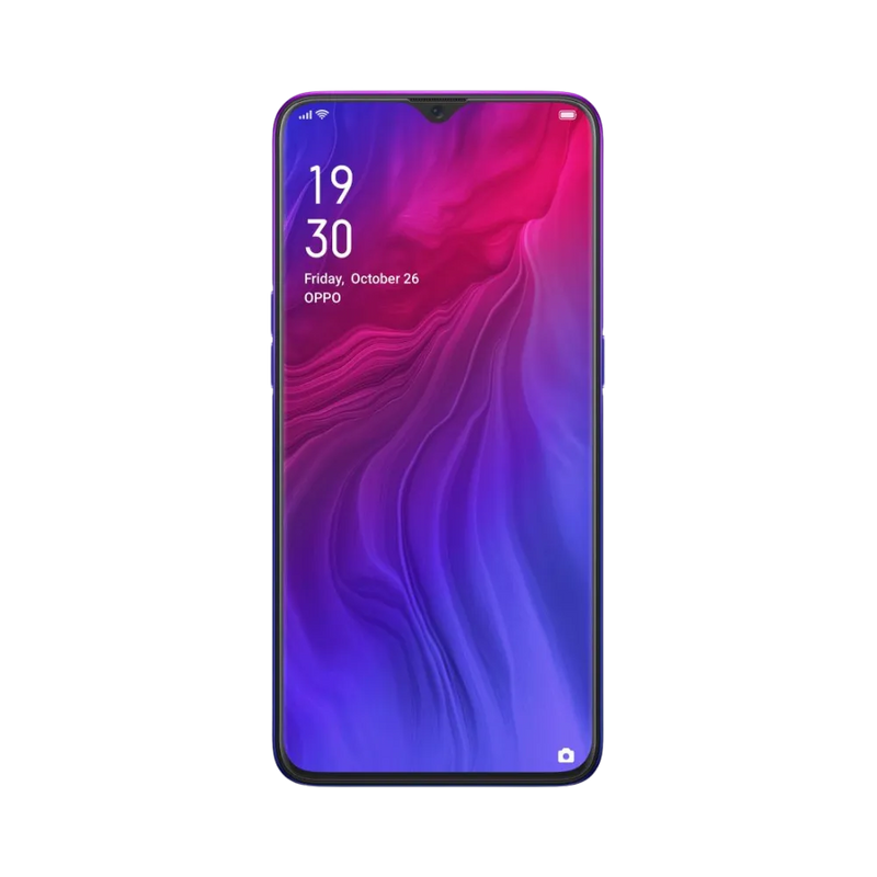 Oppo Reno Z affiché en vue frontale avec écran allumé sur fond violet et rouge dégradé. Illustration iTelier Lyon pour réparation écran cassé, vitre tactile, diagnostic offert et service rapide garanti.