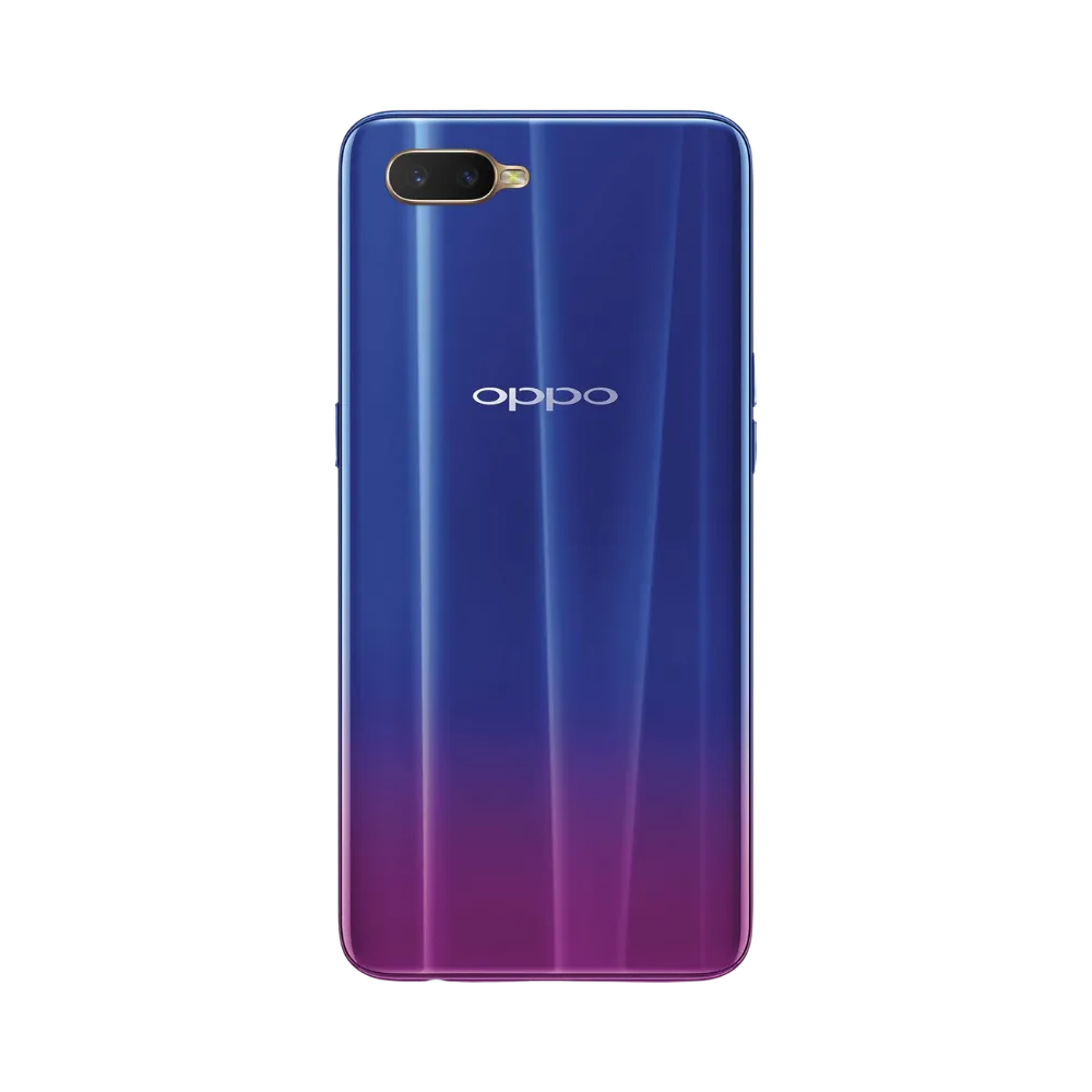Smartphone Oppo RX17 Neo en vue arrière couleur violet-bleu dégradé, double module photo horizontal en haut à gauche. Photo iTelier Lyon pour réparation vitre arrière, batterie et diagnostic gratuit avec garantie.