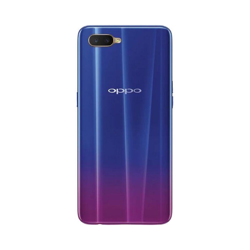 Smartphone Oppo RX17 Neo en vue arrière couleur violet-bleu dégradé, double module photo horizontal en haut à gauche. Photo iTelier Lyon pour réparation vitre arrière, batterie et diagnostic gratuit avec garantie.